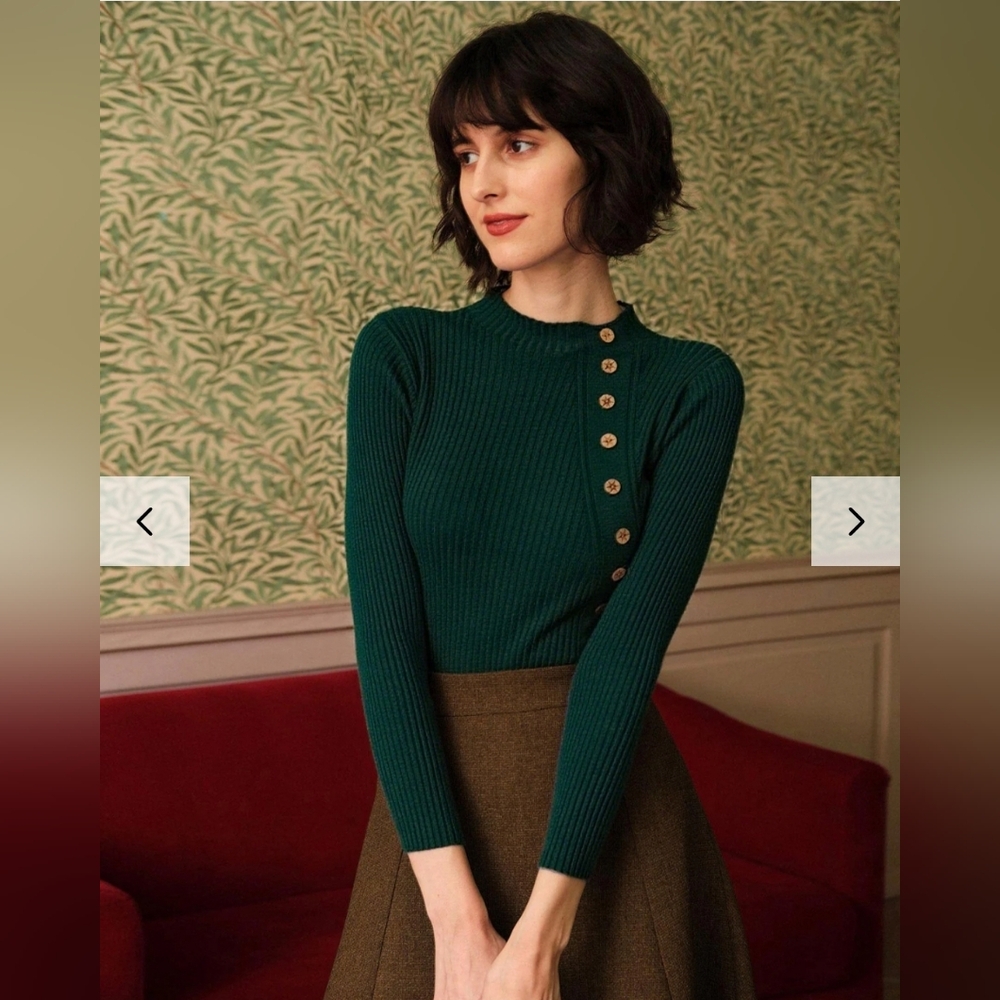 RIHOAS Green Mock Neck Ribbed Knit Tee Top Size Medium